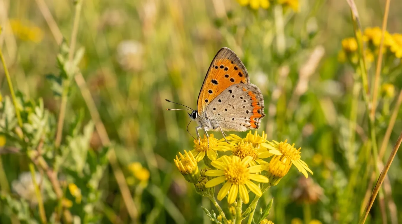 American copper butterfly with bright orange forewings dotted with black spots basking on a sunlit leaf