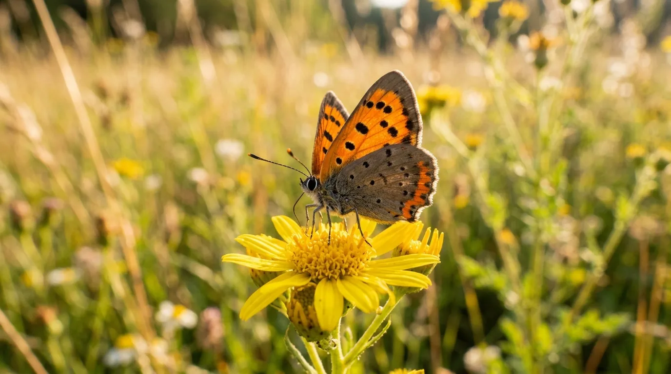 American copper butterfly on a yellow wildflower showing bright orange forewings with black spots and dark hindwings with orange edge band