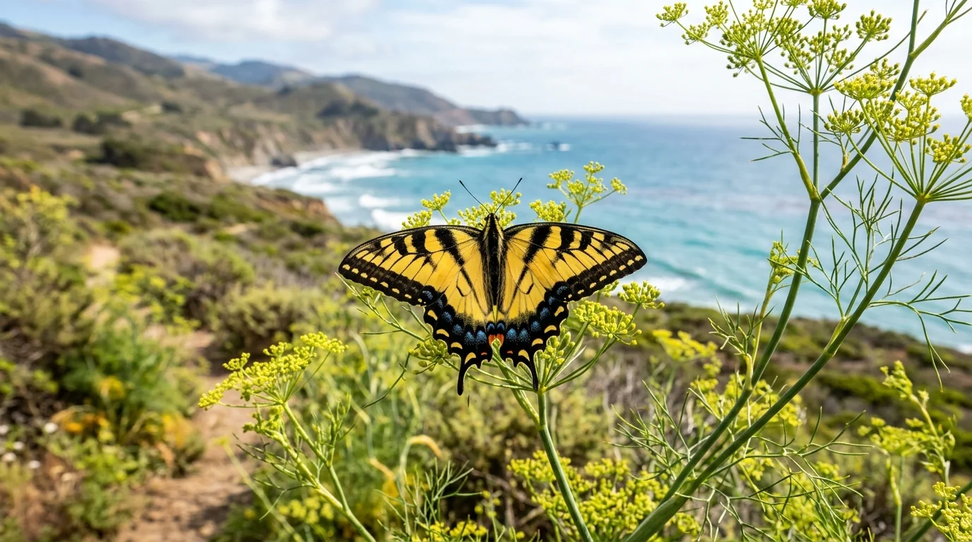 Anise swallowtail butterfly resting on fennel fronds along a California coastal trail with ocean in the background