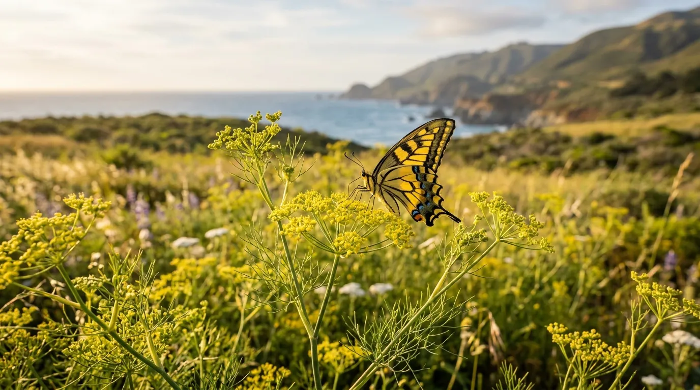 Anise swallowtail butterfly with yellow-spotted black wings perched on fennel in a California garden