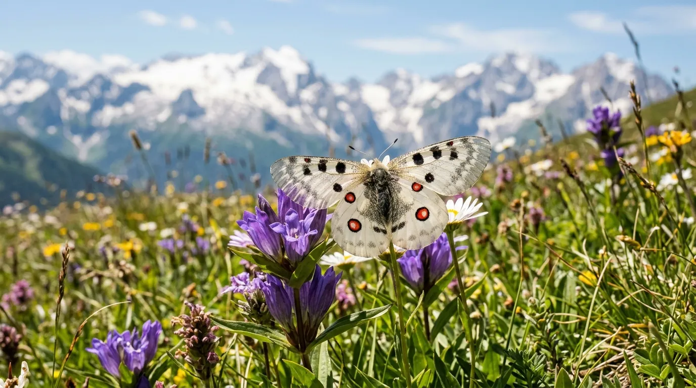 Apollo butterfly with white translucent wings and red eyespots resting on alpine wildflowers in a mountain habitat