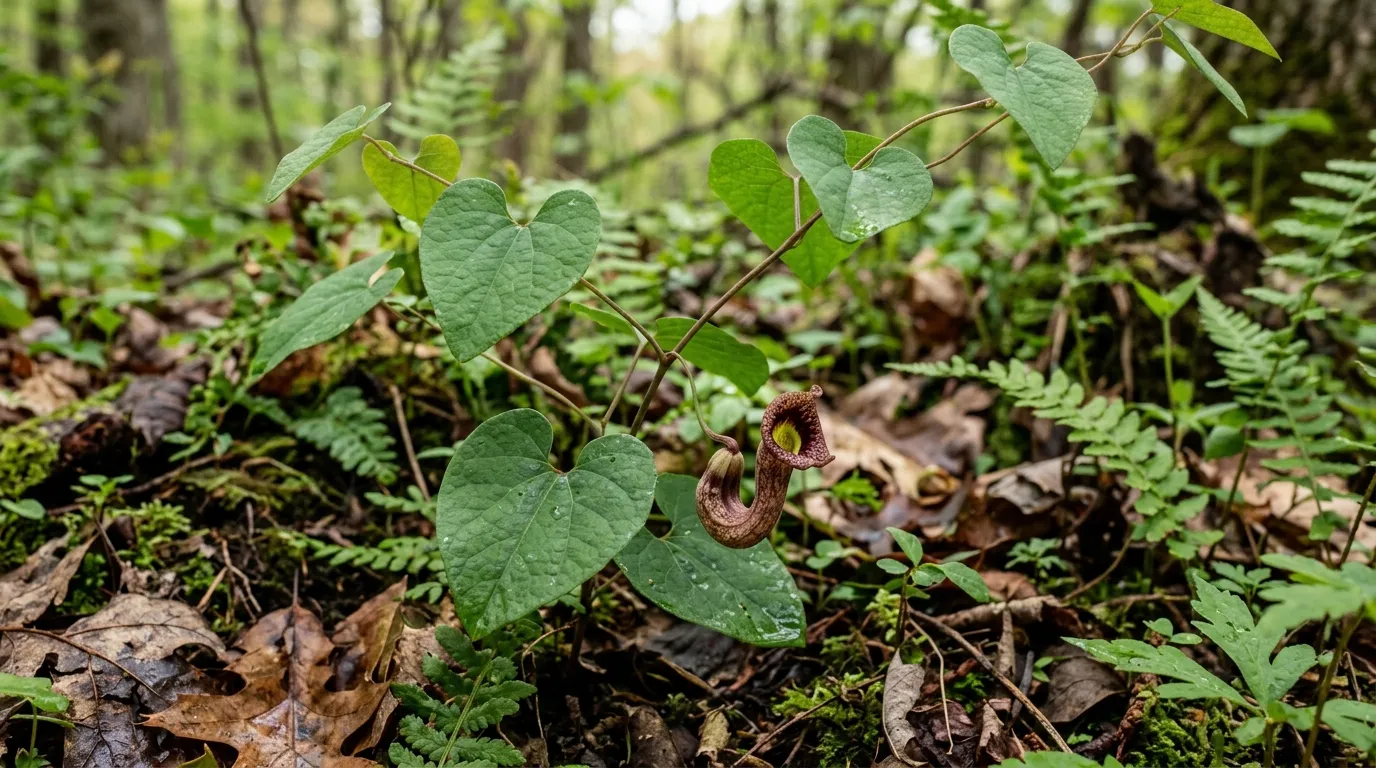 Aristolochia pipevine host plant with distinctive curved flowers growing in a woodland understory