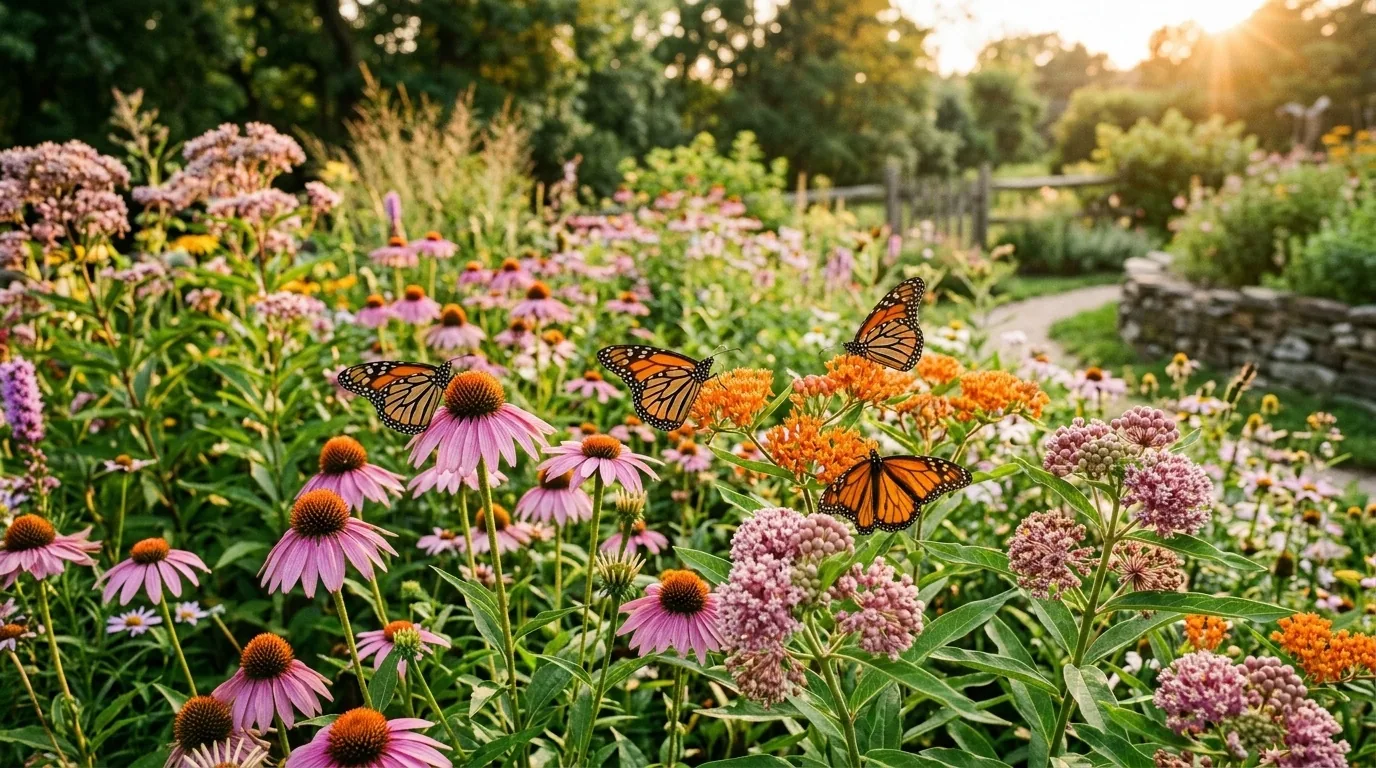 A backyard pollinator garden with native wildflowers and monarch butterflies, showing how homeowners can help butterfly conservation
