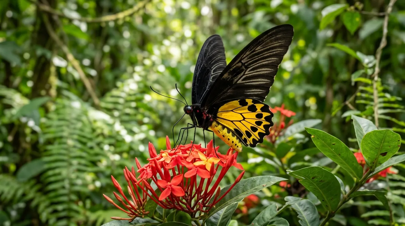 Large birdwing butterfly with striking black and golden wings flying through a lush tropical forest
