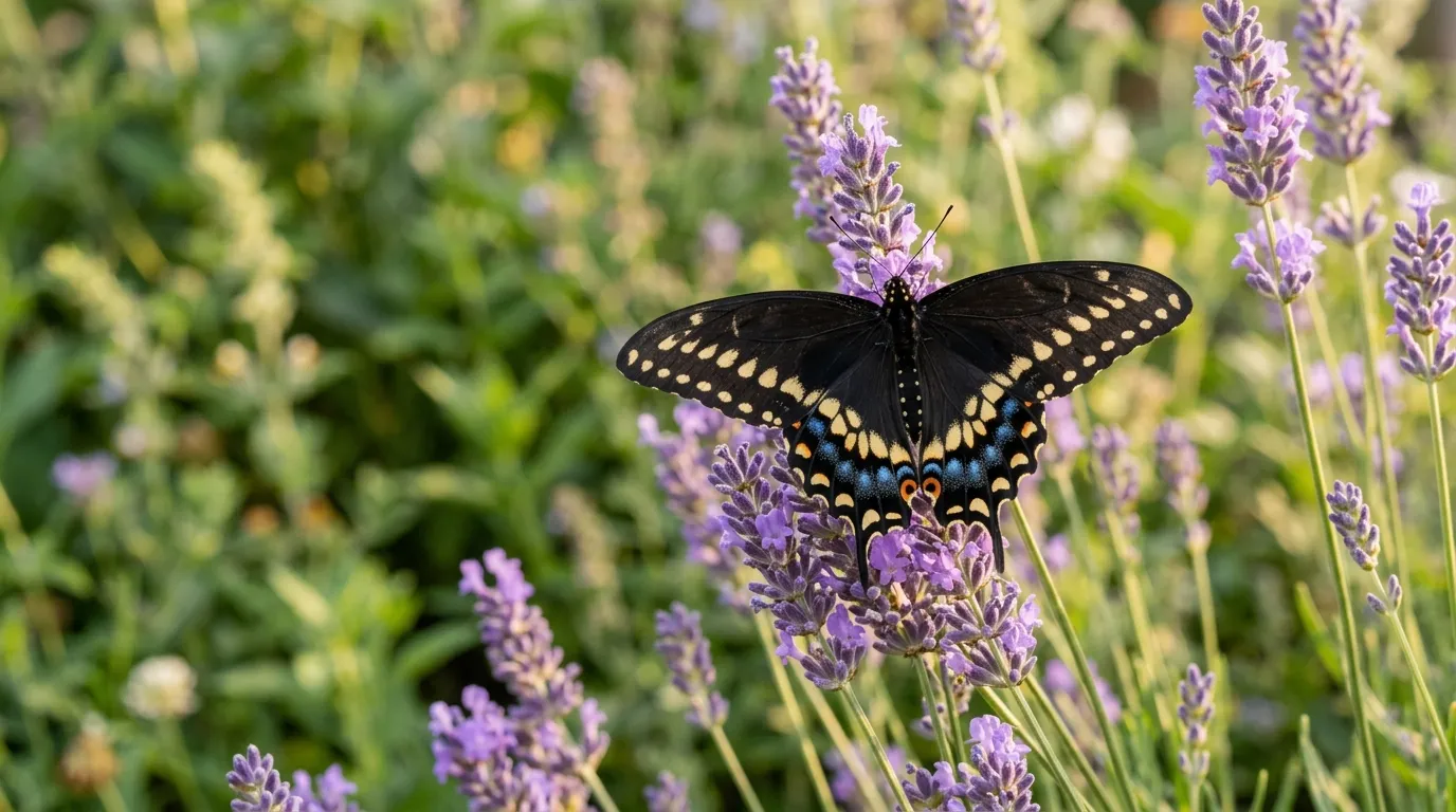 Black swallowtail butterfly with iridescent blue and yellow markings perched on a garden flower