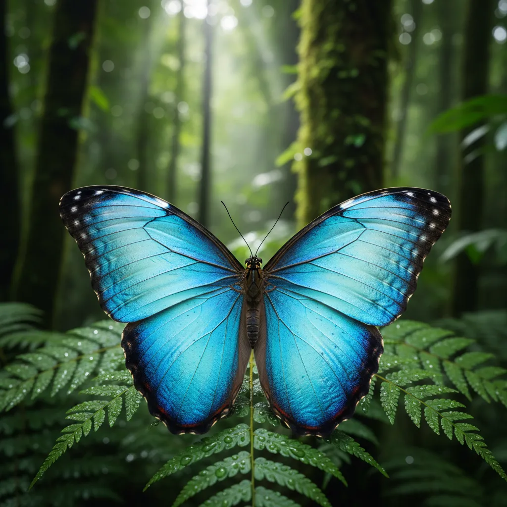 Blue morpho butterfly with iridescent blue wings