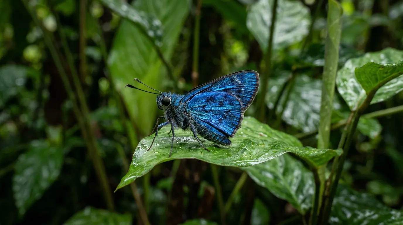Small iridescent blue tropical skipper butterfly on a green leaf in a Costa Rican rainforest