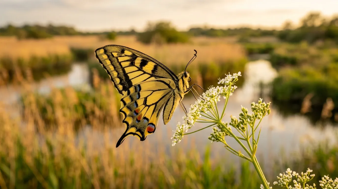 British Swallowtail butterfly on milk parsley in the Norfolk Broads fenland