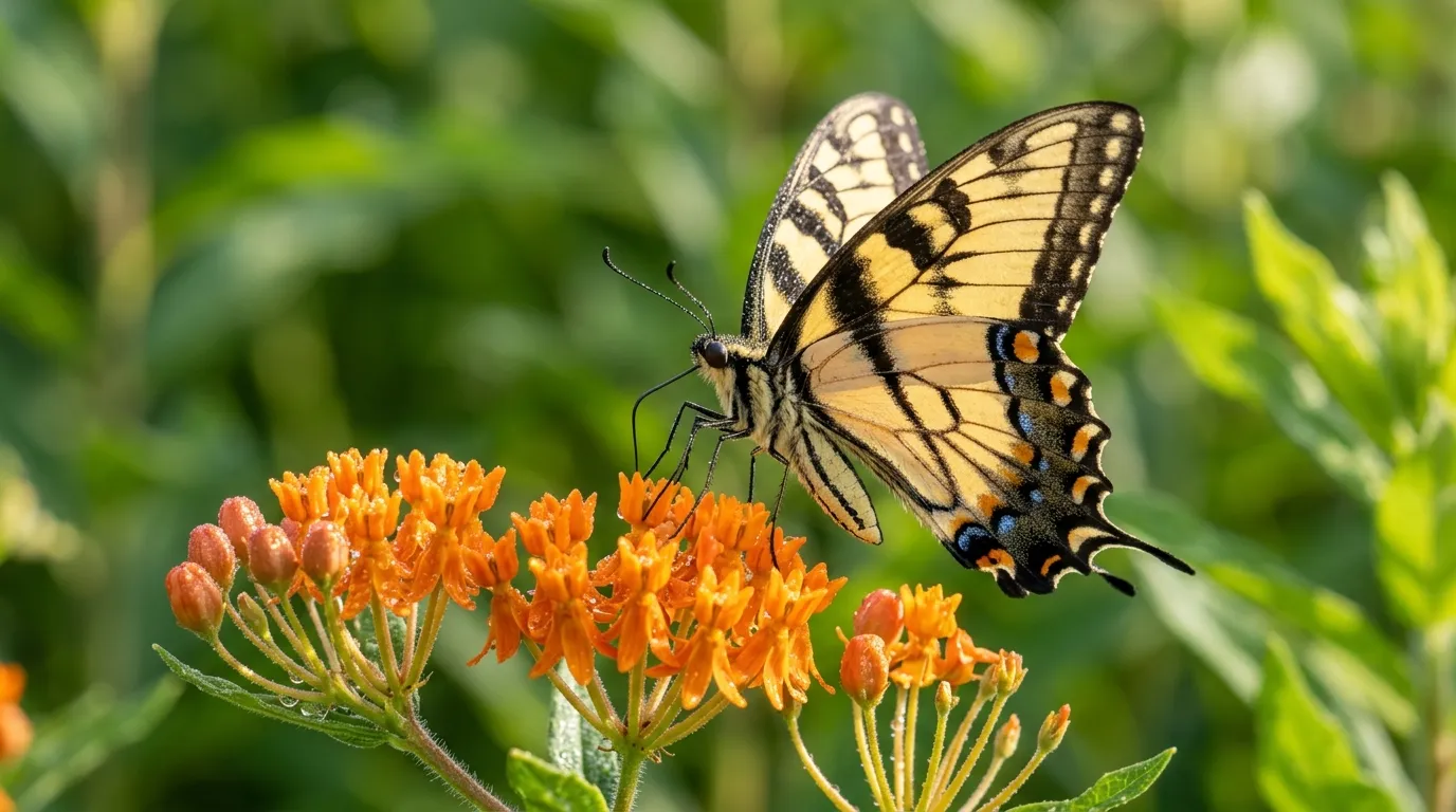 Eastern tiger swallowtail butterfly drinking nectar from a milkweed flower in morning sunlight