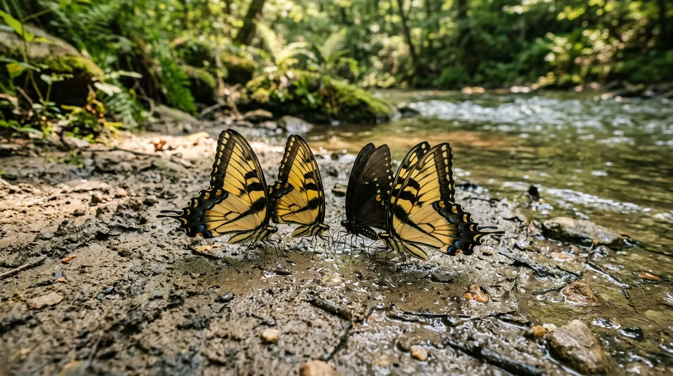 Group of swallowtail butterflies mud puddling at a creek bank