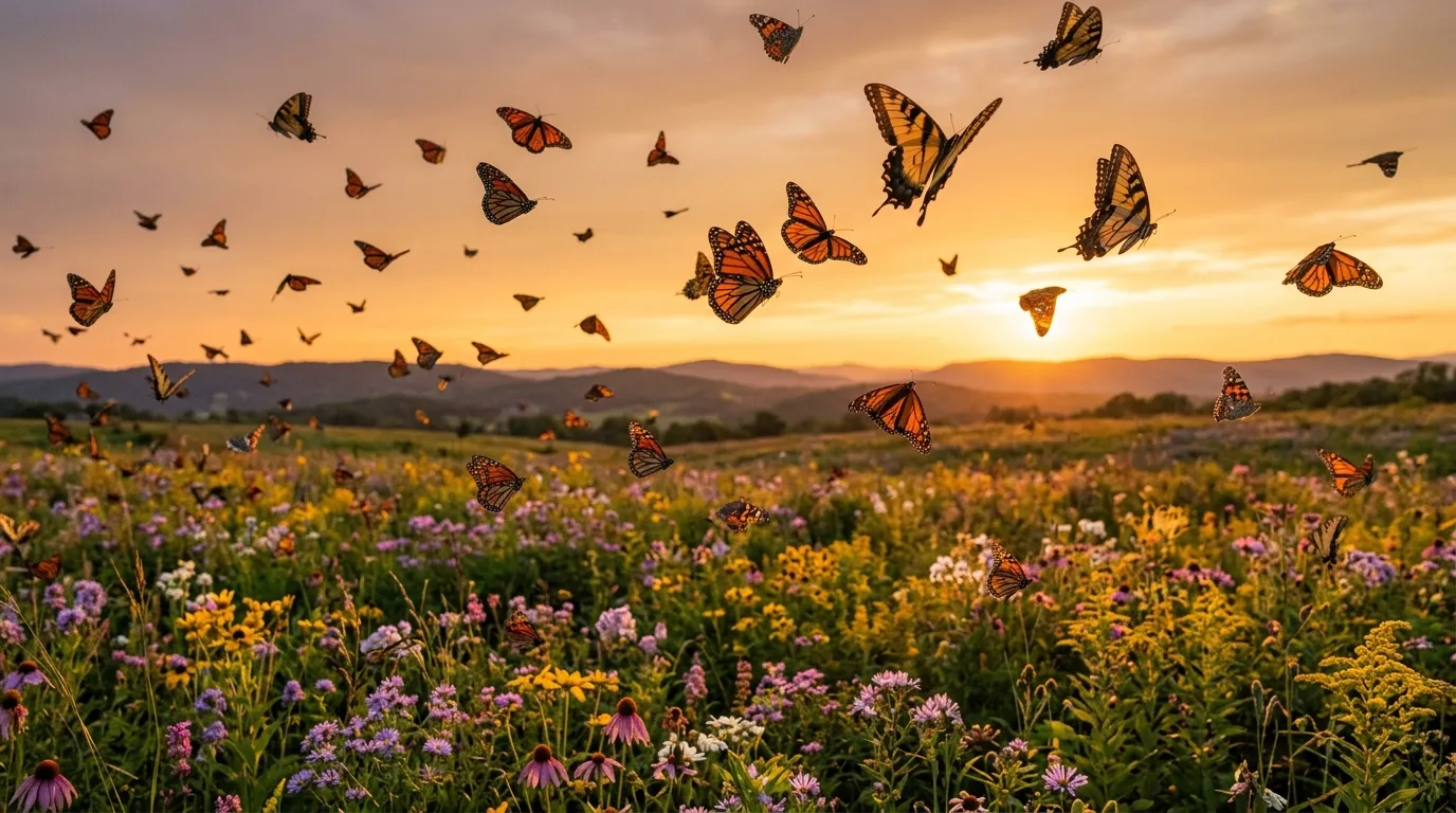 Colorful butterflies flying freely over a wildflower meadow at golden sunset
