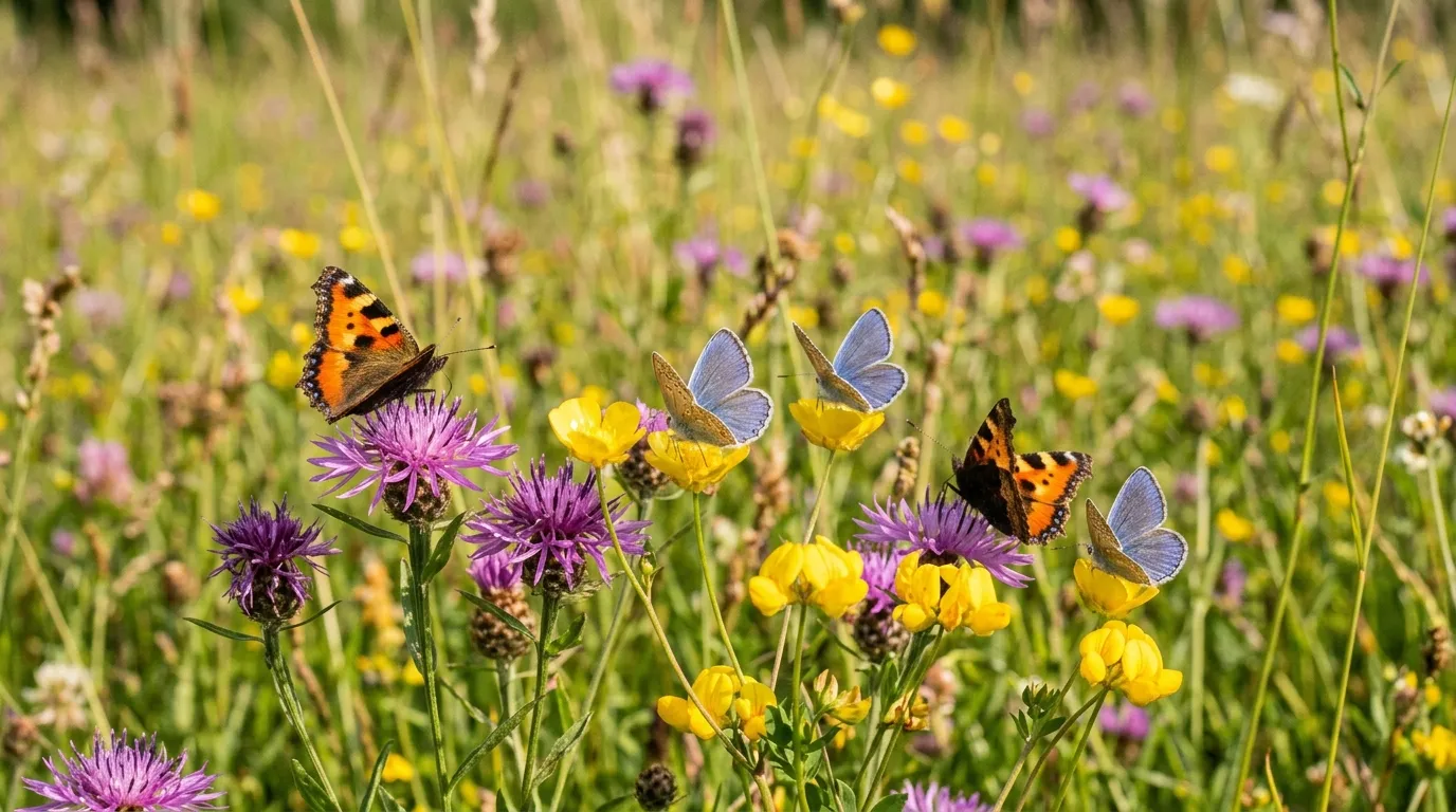 Small tortoiseshell and common blue butterflies feeding on wildflowers in a sunlit European alpine meadow with mountains in background