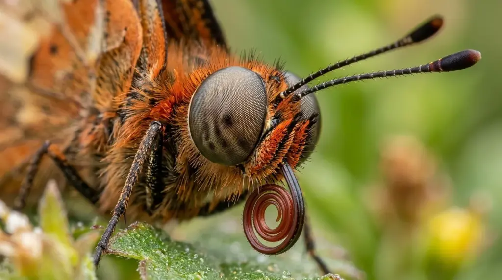 Close-up of butterfly head showing compound eyes proboscis and club-tipped antennae