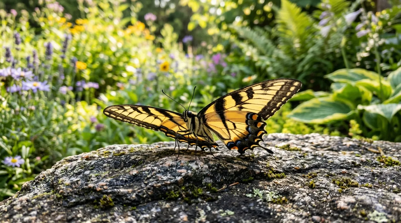 Tiger swallowtail butterfly basking on a sunlit stone in a garden