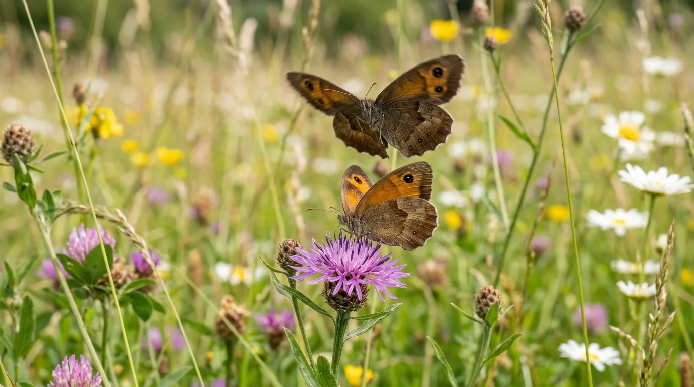 Two butterflies engaged in courtship display with wings spread in a sunlit meadow