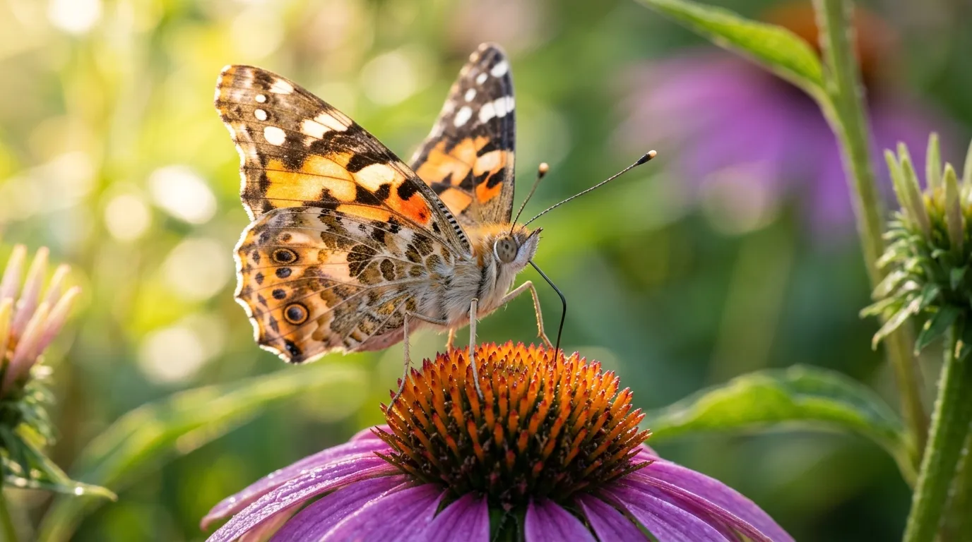 Painted lady butterfly drinking nectar from a purple coneflower with proboscis extended