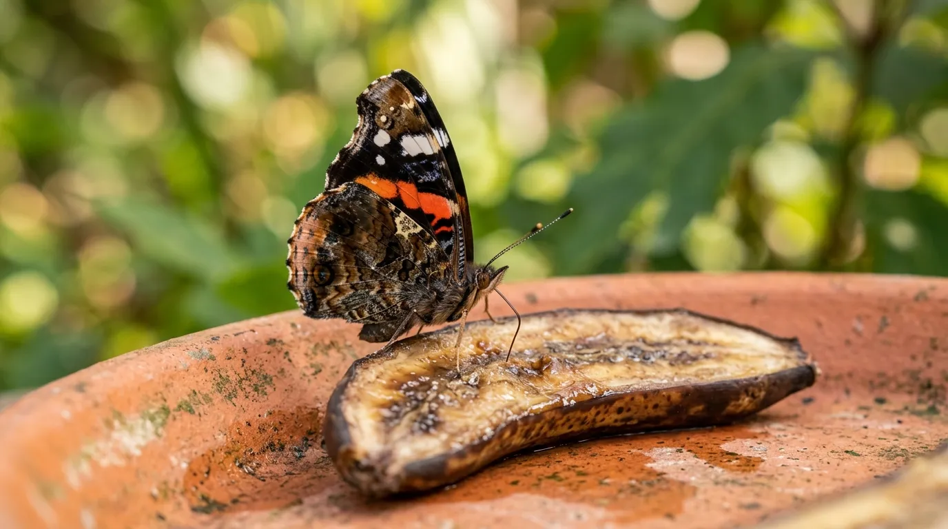 Red admiral butterfly feeding on an overripe banana slice on a terracotta dish in a garden