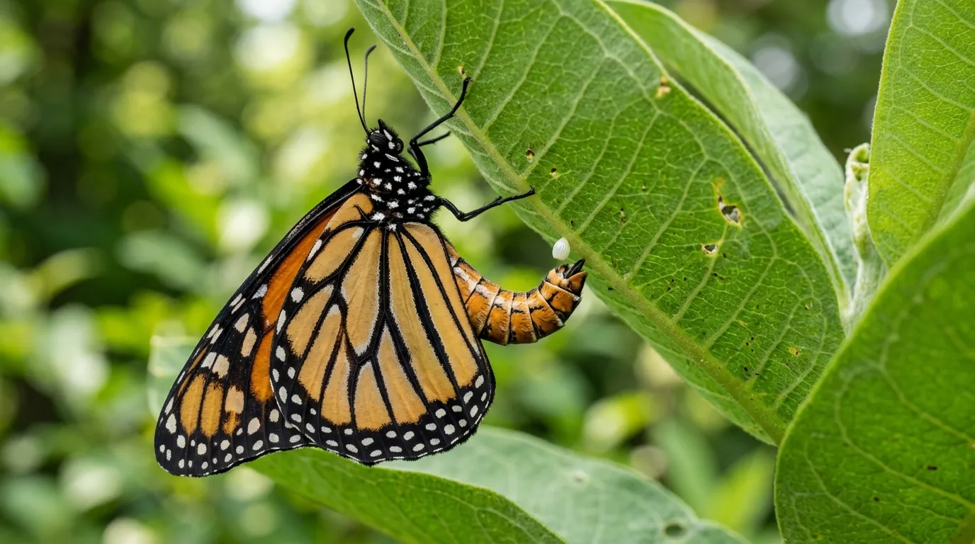 Female butterfly laying eggs on the underside of a green leaf in a garden
