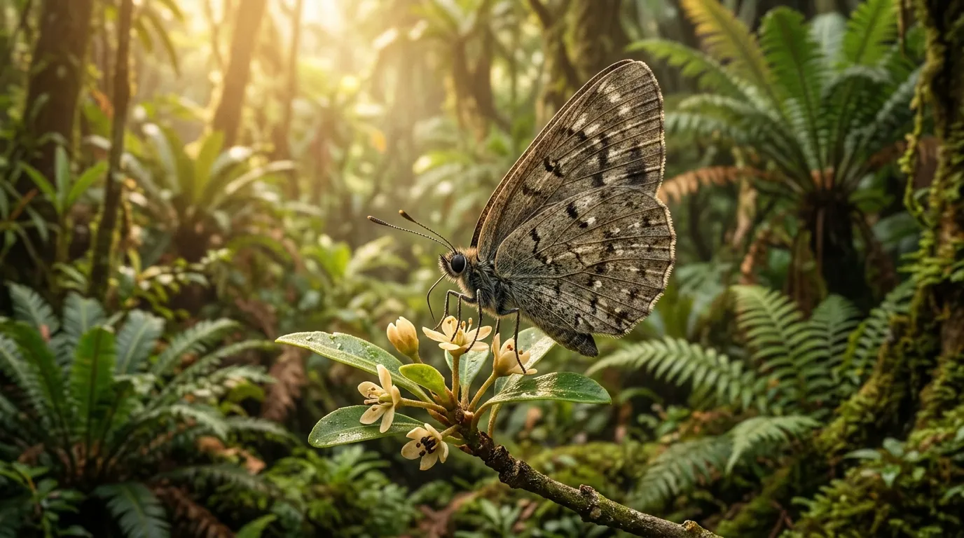 Artistic rendering of an ancient Cretaceous-era butterfly ancestor on an early flowering plant