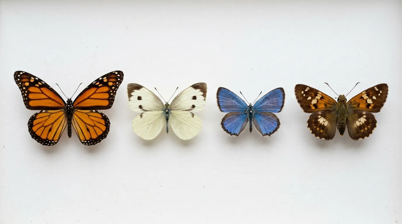 Four butterfly species from different Papilionoidea families shown side by side for comparison