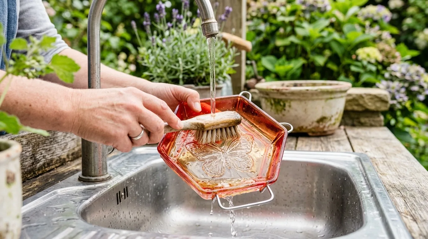 Cleaning a butterfly feeder dish with water and soft brush for mold prevention