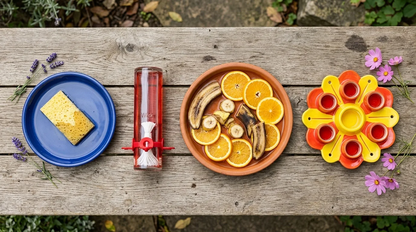 Four butterfly feeder types including dish sponge fruit platter and flower plate