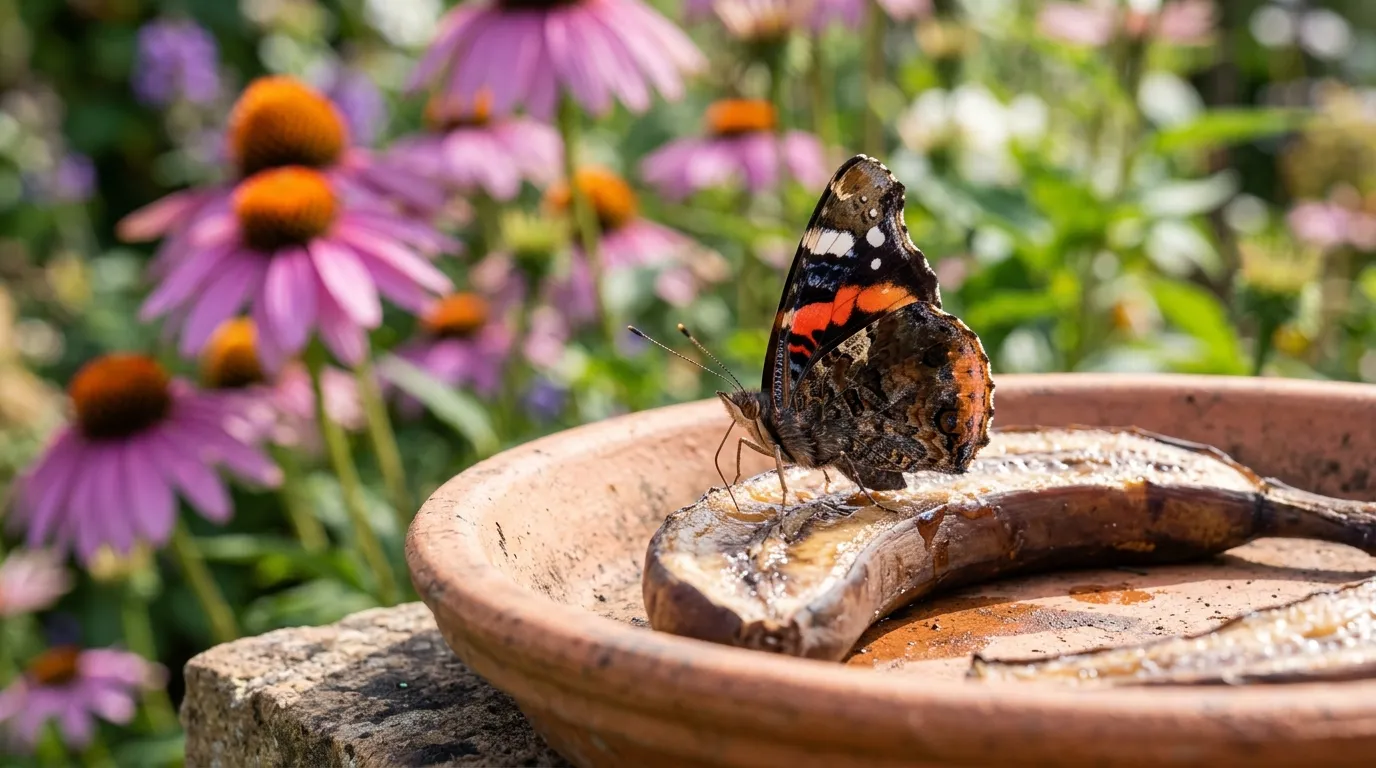 Red admiral butterfly feeding on overripe banana in a garden