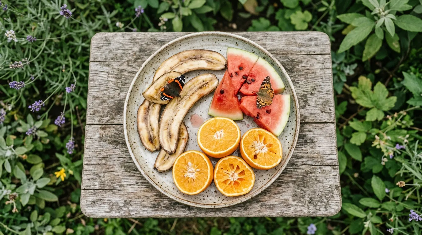 Overhead view of a butterfly fruit feeding station with banana, watermelon, and orange slices