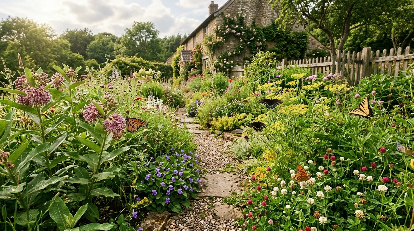 A naturalistic butterfly host plant garden with milkweed parsley violets and clover growing together with several butterflies visiting