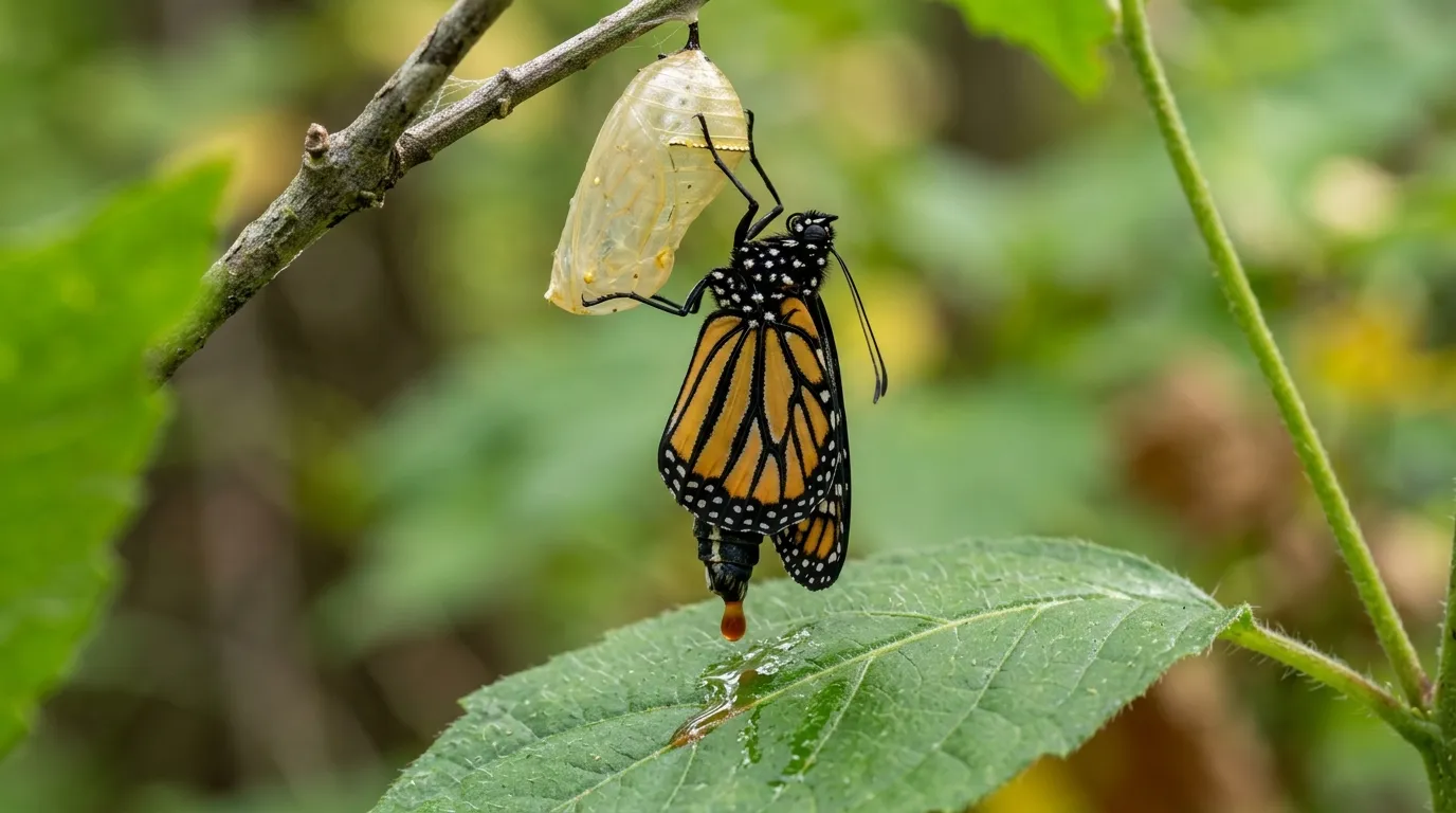 Newly emerged monarch butterfly hanging from chrysalis with reddish-brown meconium dripping below