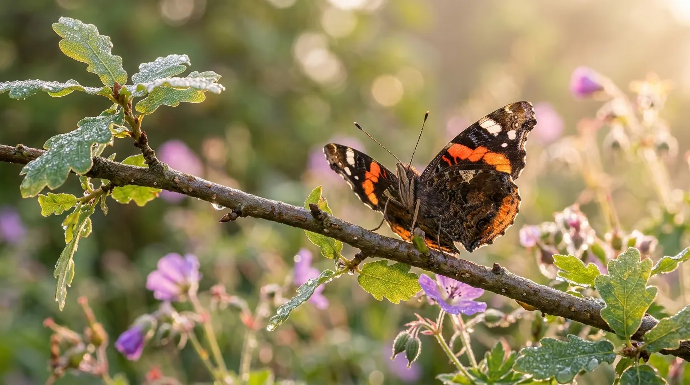 Butterfly basking with wings open in early morning sunlight warming up after overnight roosting