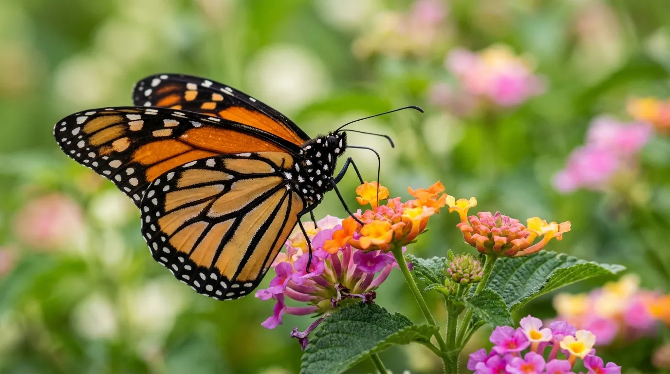 Butterfly with proboscis extended deep into a flower drinking nectar in extreme macro