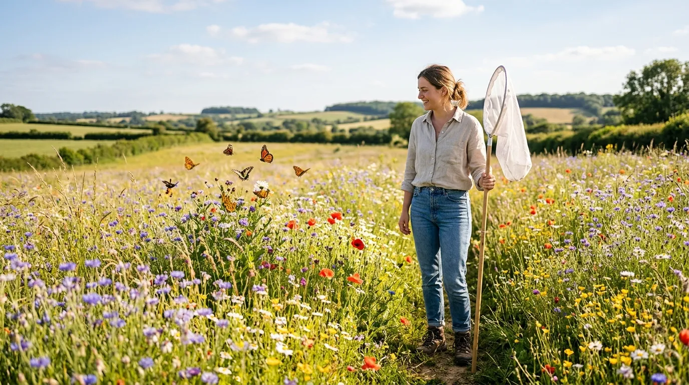 Butterfly net held up in a wildflower meadow with butterflies flying in the background