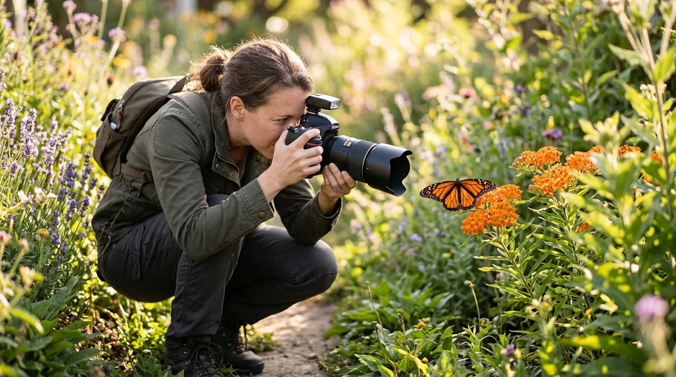 Photographer using a macro lens to capture a close-up image of a butterfly on a wildflower without disturbing it