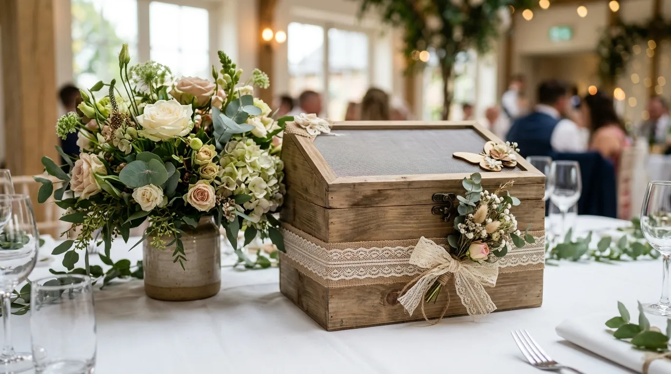 Wooden butterfly release box decorated with floral ribbon sitting on a white wedding table