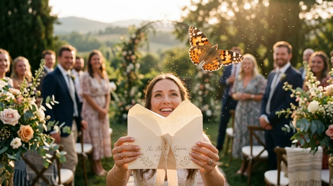 Painted lady butterfly with orange and black wings taking flight after being released at an outdoor wedding ceremony