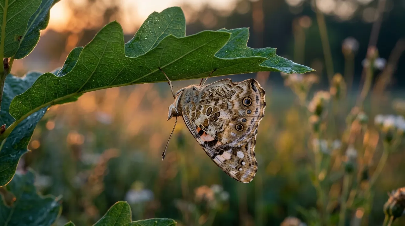 Butterfly roosting underneath a leaf at dusk with wings folded closed showing camouflaged underside