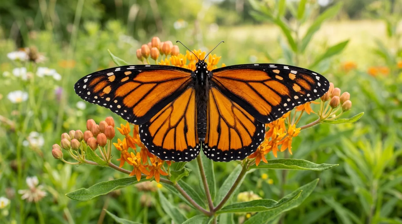 Monarch butterfly with scientific name Danaus plexippus annotated showing genus and species