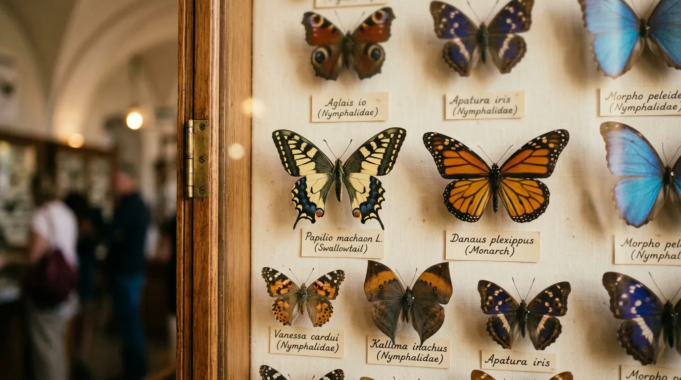 Collection of butterfly specimens displayed with scientific name labels for identification and study