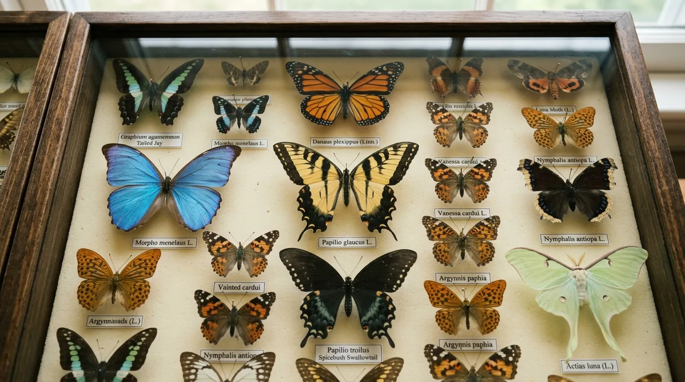 Mounted butterfly and moth specimens in a museum display case with detailed scientific labels