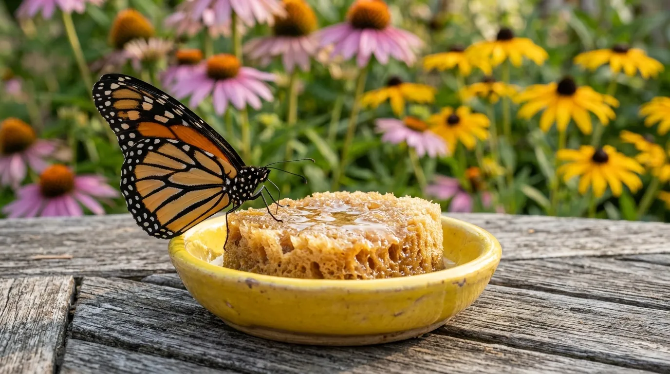 Monarch butterfly feeding from a sugar water soaked sponge on a yellow dish in a garden