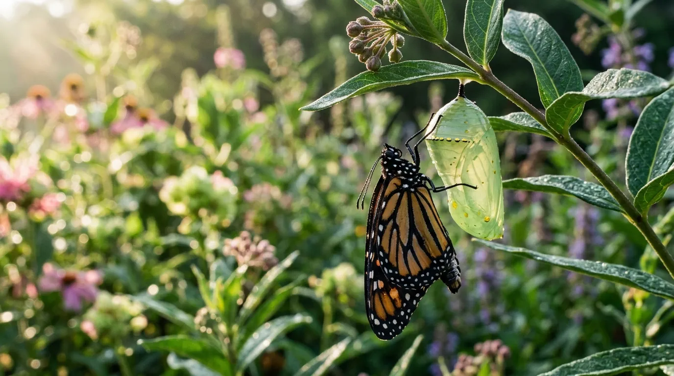 Butterfly emerging from a chrysalis with wings still unfurling representing transformation and rebirth