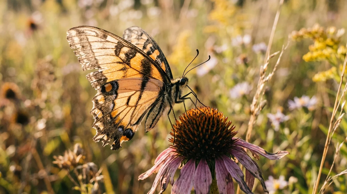 Butterfly with worn and faded wings showing signs of aging and natural wear from weeks of flight