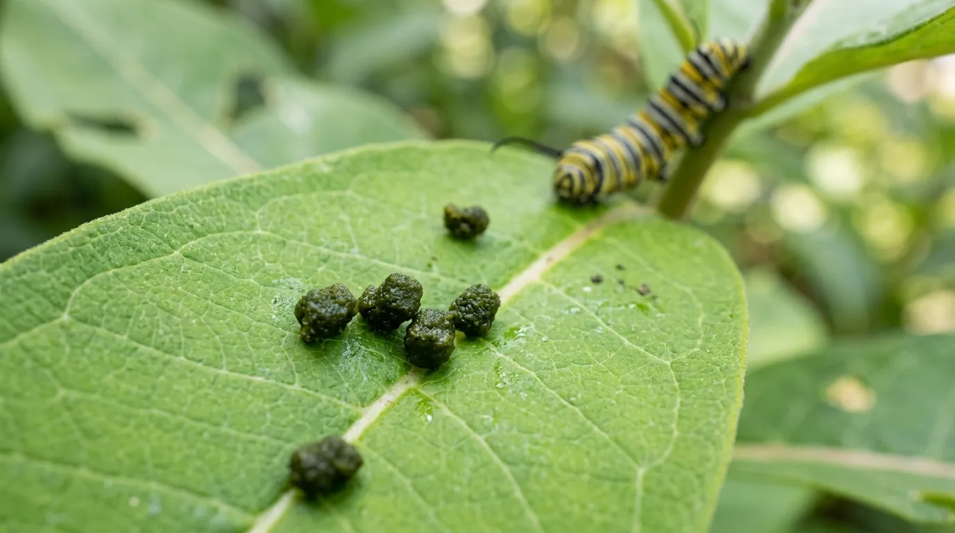 Dark green caterpillar frass pellets scattered on a milkweed leaf with monarch caterpillar in background