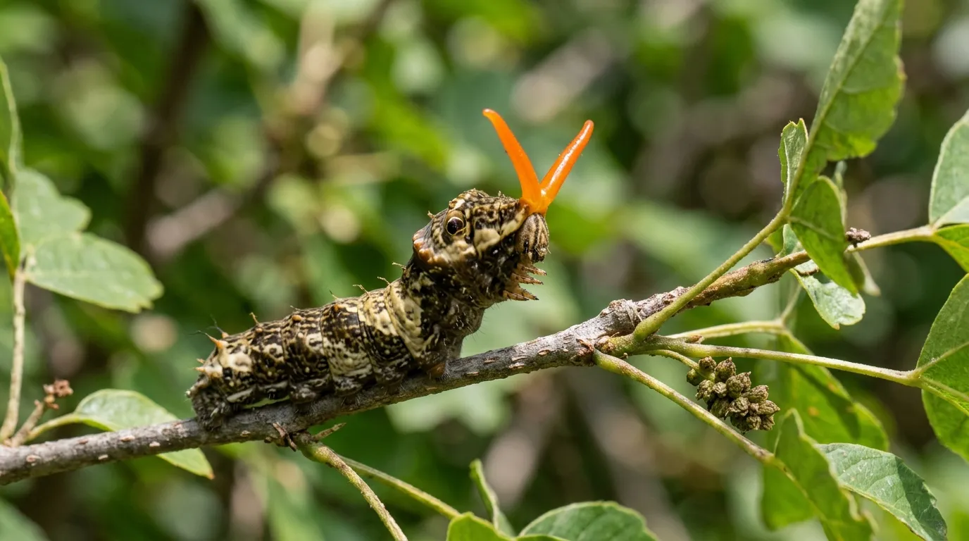Giant swallowtail caterpillar extending bright orange osmeterium in defensive display