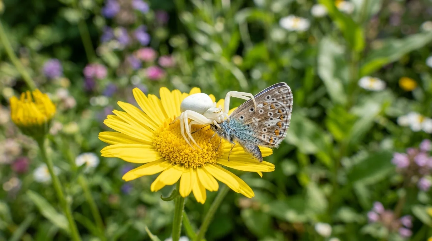 Crab spider ambushing and catching a butterfly on a flower demonstrating natural predation