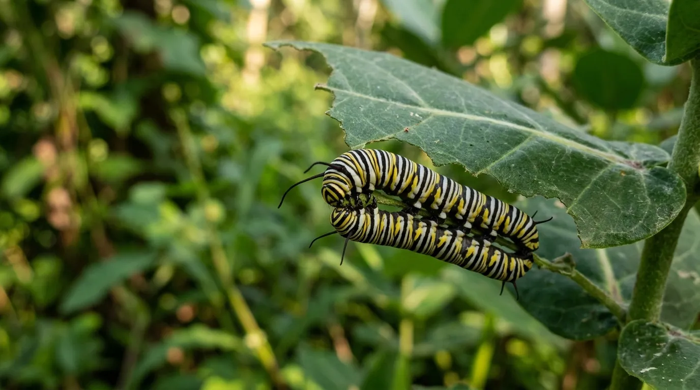 Danaus melanippus caterpillar with black white and yellow stripes feeding on milkweed leaf