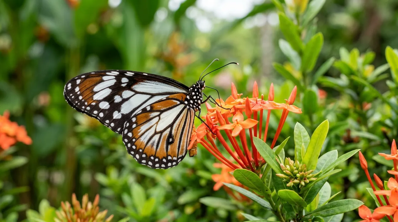 Danaus melanippus White Tiger butterfly showing orange and white wing pattern with black veins
