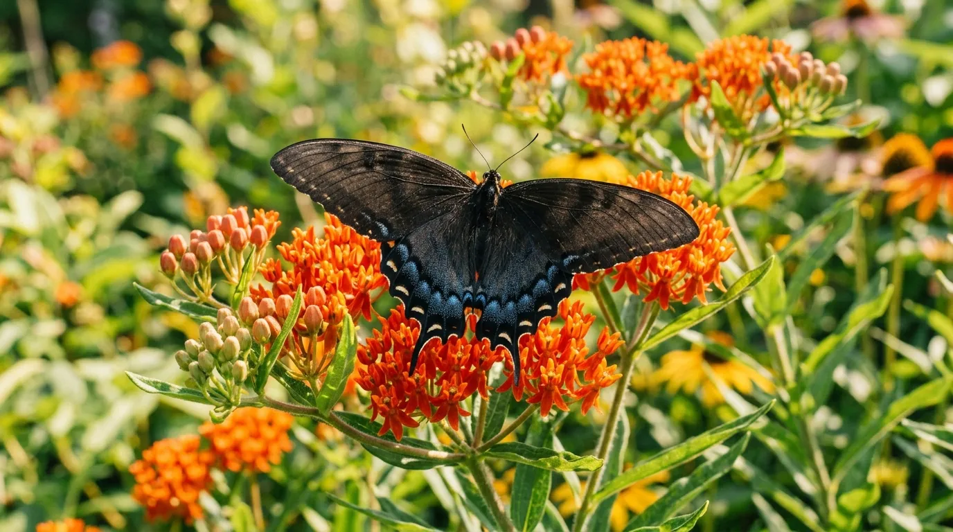 Dark morph female eastern tiger swallowtail butterfly with black wings and blue iridescent hindwings nectaring on purple thistle flowers