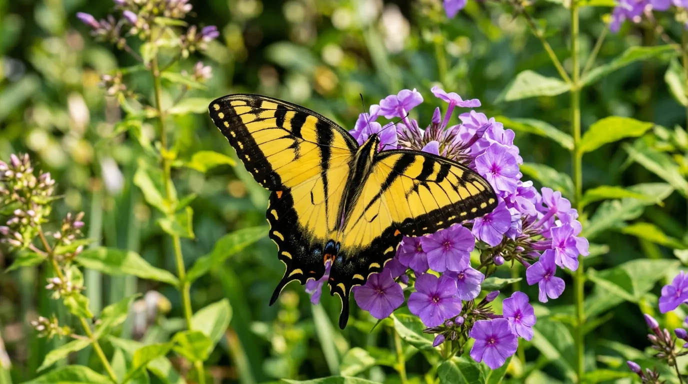Male eastern tiger swallowtail butterfly with bright yellow wings and four black tiger stripes perched on a purple coneflower in a summer garden